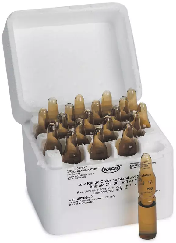 Chlorine Standard Solution, 25-30 mg/L as Cl₂, pk/20 - 2 mL PourRite Ampules Chlorine Standard Solution, 25-30 mg/L as Cl₂, pk/20 - 2 mL PourRite Ampules